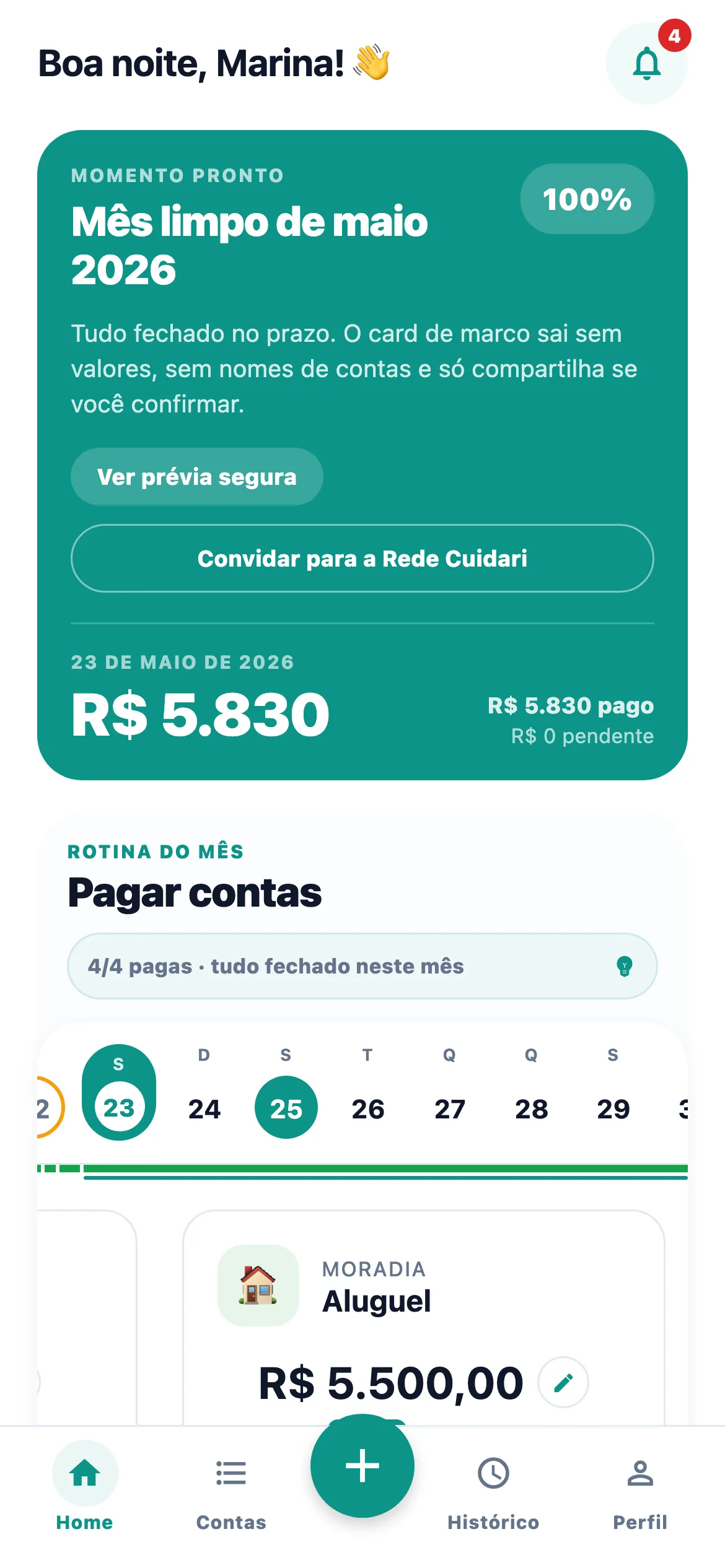 Tela inicial do Cuidari com contas e progresso do mês